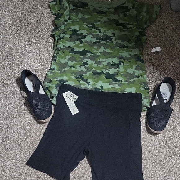 Time and Tru Pants - Green Camouflage Top with Black Shorts and Shoes​